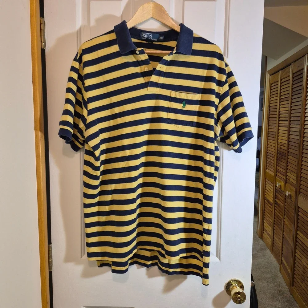 Polo Ralph Lauren Men XXL Yellow Navy Blue Stripe Short Sleeve Pocket Polo Shirt